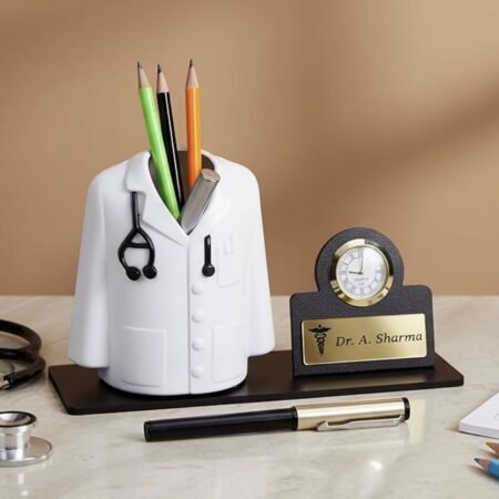 Doctor Pen Stand | Customized Desk Organizer for Doctors and Medical Aspirants with Apron/Coat Shape Pencil Holder, Clock and Personalized Name Engraved Plate